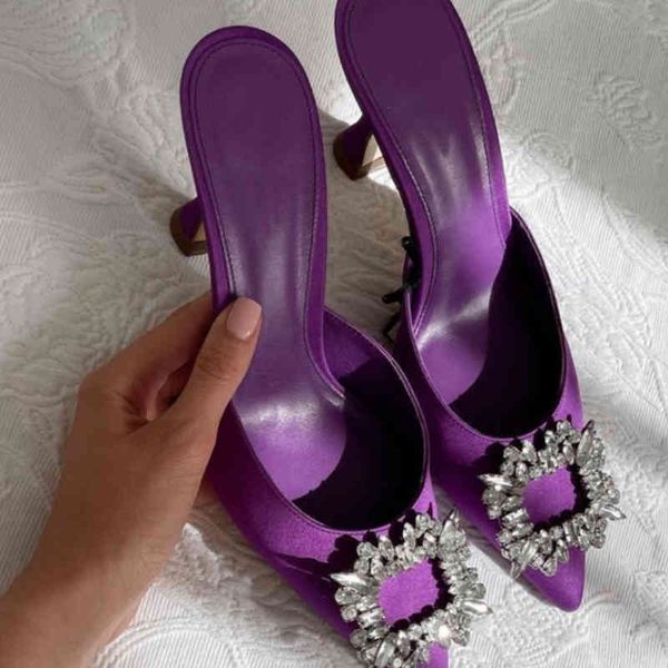 

slippers 2021 european and american feng high heels women summer satin mid-heel sandals vohv, Black