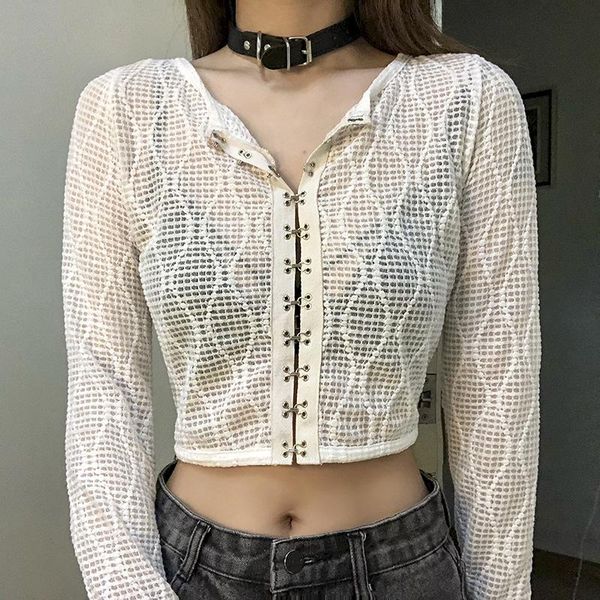 

women's t-shirt autumn casual cardigan tshirt women fashion hollow out knitted long sleeve solid female slim streetwear crop 2, White