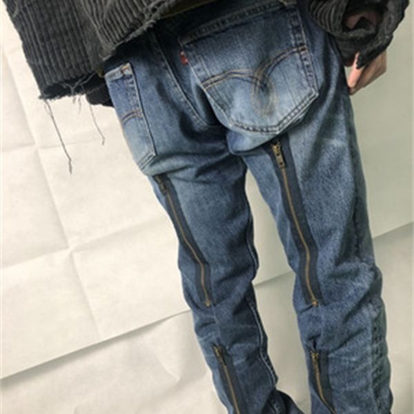 

mens designer jeans needles zipper design washed destroyed knife-cut denim jeans trousers asap rocky high street fashion brand, Blue