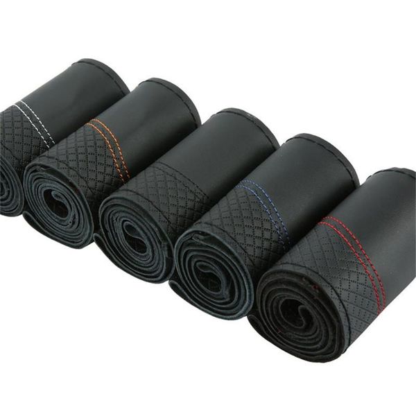 

steering wheel covers 38cm layer cowhide soft genuine leather braid cover black double line hand-stitched with needle thread