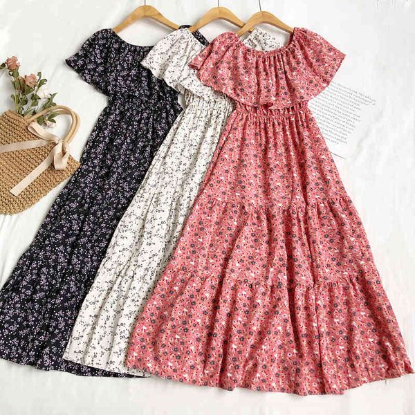 

summer casual female o-neck ruffled long dress sweet women loose floral print beach fairy 210423, Black;gray