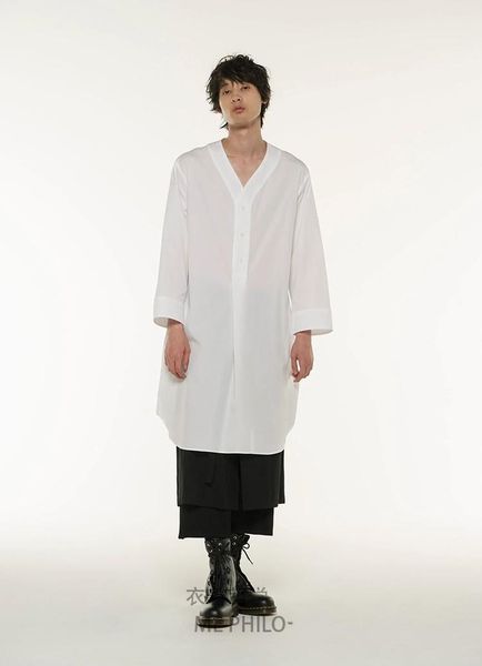 

men's clothing hair stylist designer show street medium and long v collar girdling shirt coat plus size costumes casual shirts, White;black