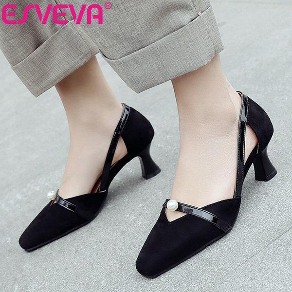 

women pumps thin high heel flock+pu leather pearl pointed toe cut outs elegant basic shoes slip on spring size 34-43 dress, Black
