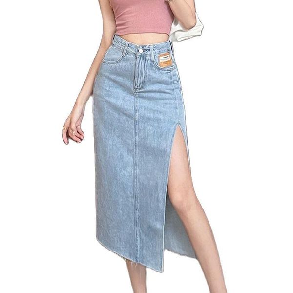 

skirts fashion women's denim skirt 2021 spring/summer high waist side split thin a-line package hip, Black