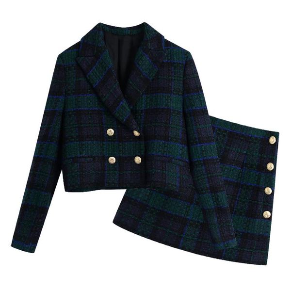 

two piece dress 2021elegant plaid 2 set women notched neck vintage short blazer suits button a line mini skirt sets spring autumn, White