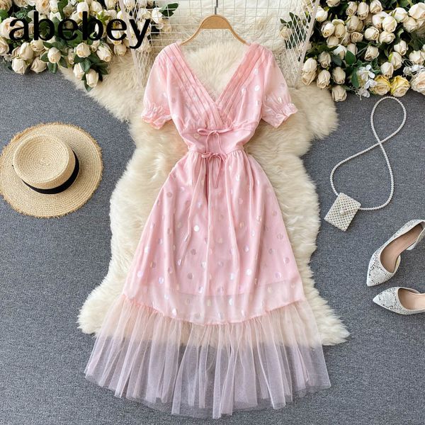 

women sweet pink french lace dress v neck blackless short sleeve sashes a-line es summer fashion streetwear midi 210512, Black;gray