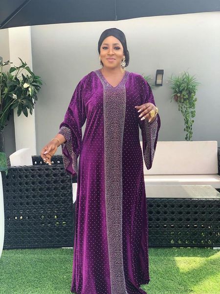 

ethnic clothing african dresses for women 2021 selling elegnt drilling velvet v-neck flared sleeves pullover maxi dress vintage, Red
