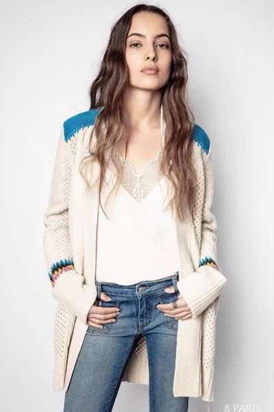 

women's knits & tees women sweater autumn color-blocking embroidery lace-up mid-length coat loose cashmere knitted cardigan top, White