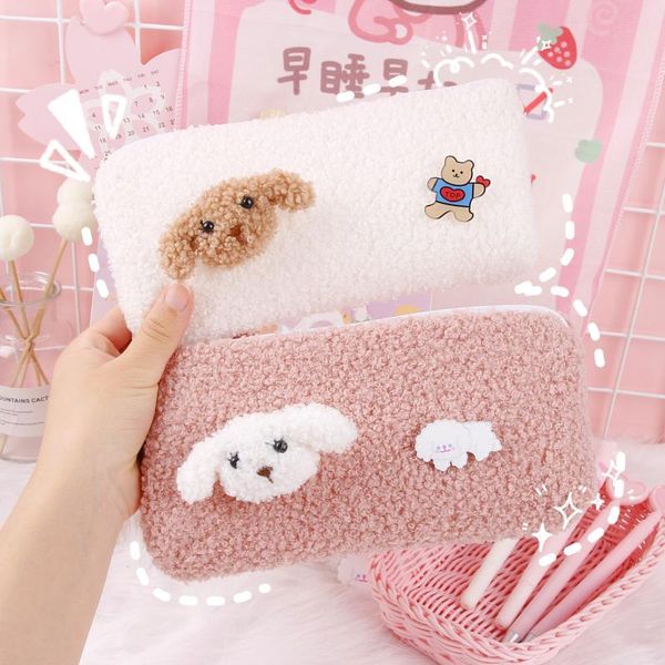 

kinbor plush pencil case with 2 cute badge gift large capacity ins supplies stationery tools storage back to school bags