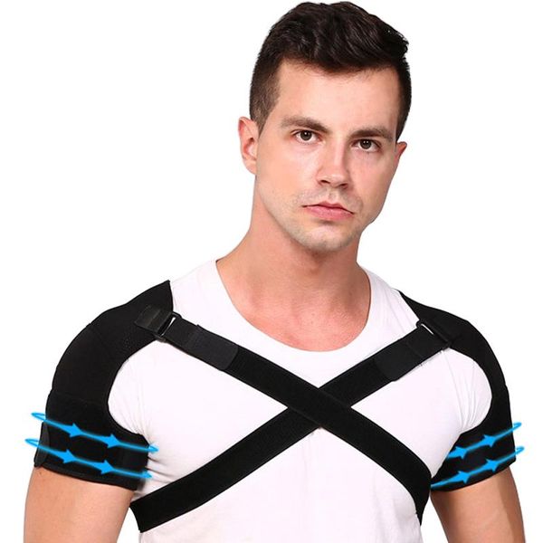 

back support sports double shoulder brace strap adjustable wrap armband fitness prevent sprain pressurize protector, Black;blue