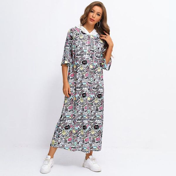

party dresses fridayin summer women's casual fashion graffiti print pattern maxi dress polyester patchwork hooded vestidos, White;black