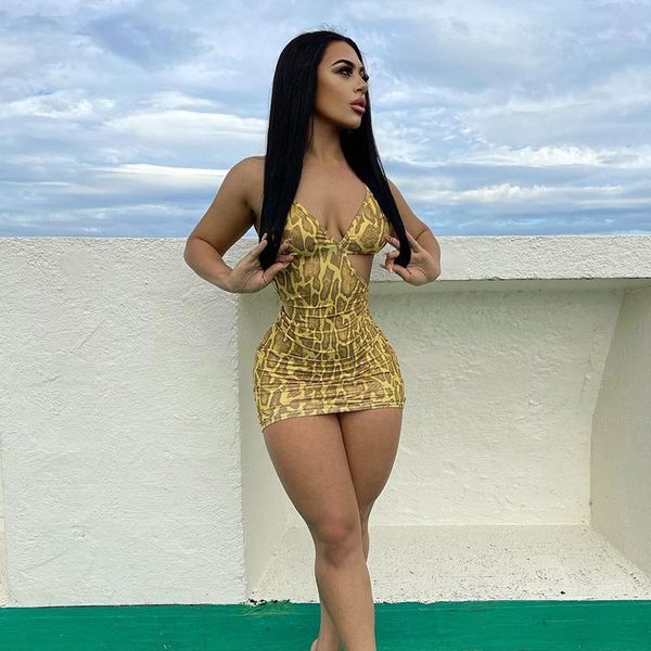 

casual dresses summer women's snake print backless irregular bodycon mini dress deep v neck cut out strap club street vestidos k21435, Black;gray