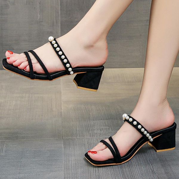 

dress shoes 2021 summer high heel open toe square head women's casual pumps fashion comfortable pearl decoration, Black