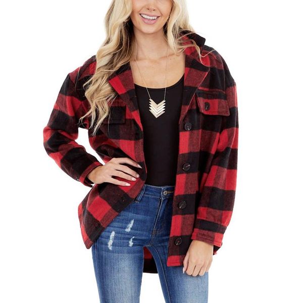 

women's jackets retro fashion beltless red lapel shirt loose plaid woolen coat mid-length 2021 button casual, Black;brown