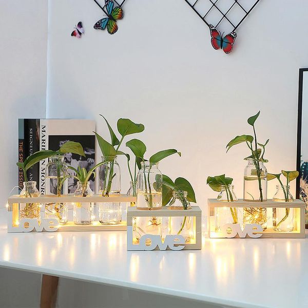 

vases nordic ins glass vase decoration creative hydroponic plant transparent glassware solid wood wooden frame
