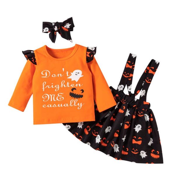 

clothing sets 3pcs set infant kids baby girl long sleeve cotton t-shirt print suspender skirt headband outfits halloween clothes, White