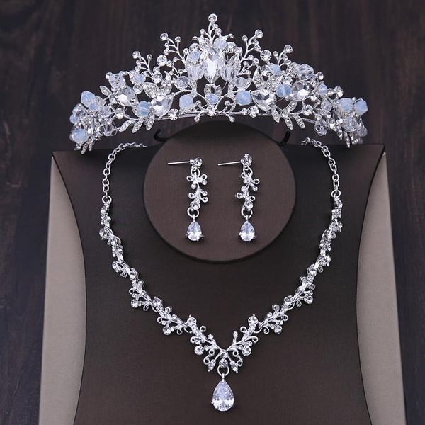 

earrings & necklace crystal tiara heart wedding jewelry sets rhinestone crown choker bridal dubai african beads luxury set, Silver