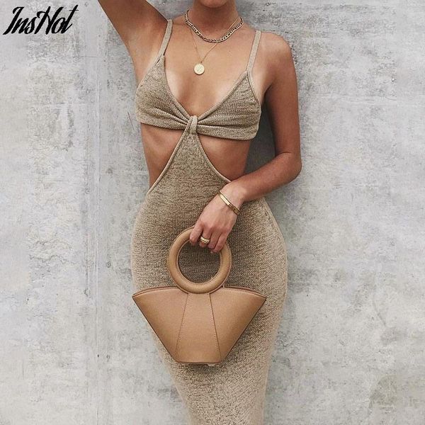 

casual dresses vacation knitted maxi for women summer 2021 elegant party cut out backless bodycon dress, Black;gray