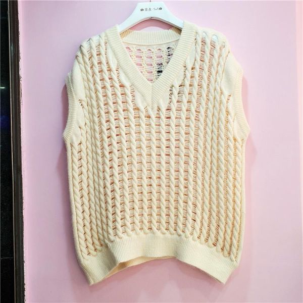 

women's vests [ewq] 2021 autumn v-neck handmade knitted pullover hollow casual sweater vest waistcoat ladies 16q145, Black;white