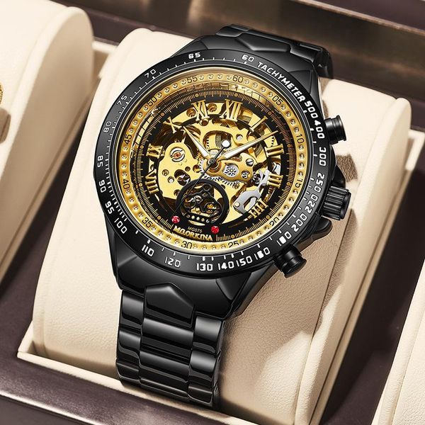 

wristwatches fashion watch men fully automatic mechanical stainless steel band hollow metal trendy watches clock relogio masculino, Slivery;brown