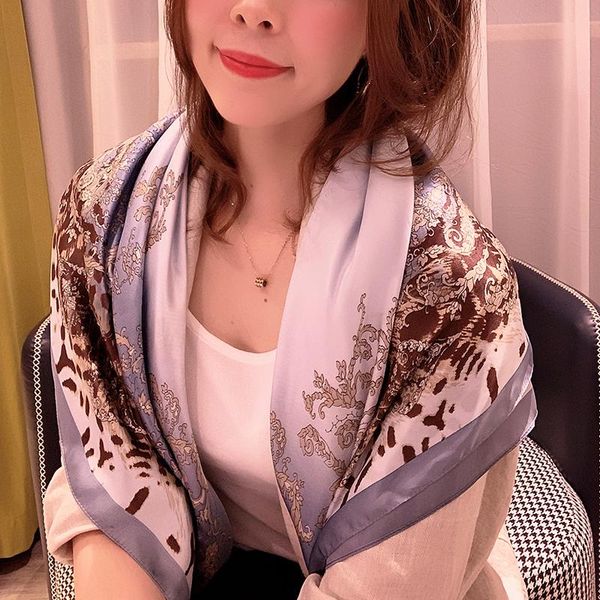 

scarves 2021silk spring autumn women scarf luxury design printing ladies beach shawl fashion smooth female headscarf 110x110cm, Blue;gray