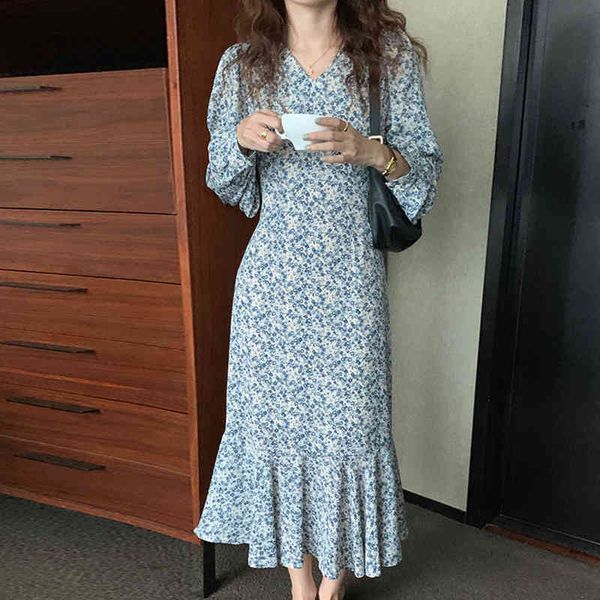

elegant chic dress woman spring gentle ins fashion v-neck waist floral puff sleeve versatile long mermaid dress, Black;gray