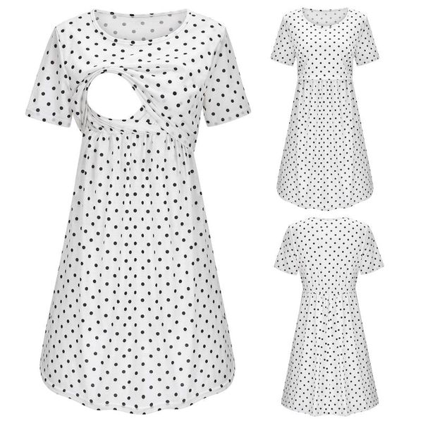 

summer women's maternity short sleeve dot printed nursing dress for breastfeeding comfortable loose pregnancy clothes#g4 dresses, White