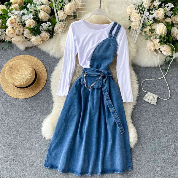 

two piece dress conjunto de camiseta jeans simples e Ãºnica, casual, branca, com alÃ§a fina, um ombro d7u7, White