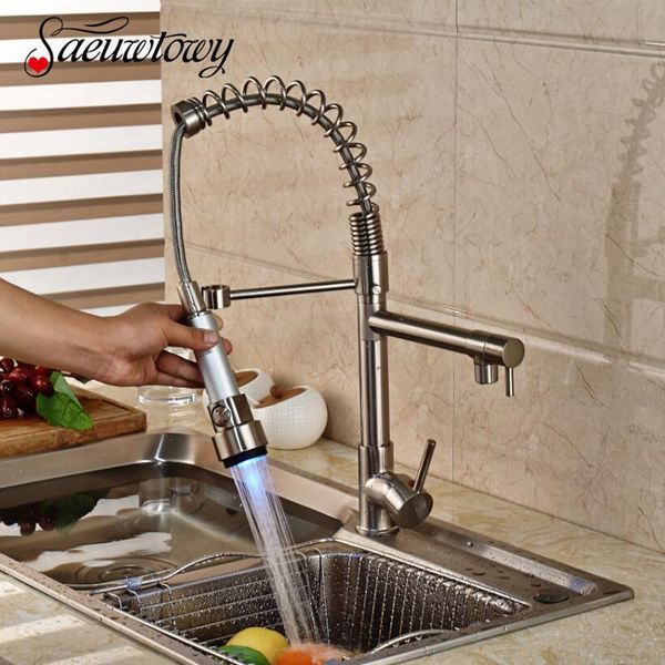 

kitchen faucets saeuwtowy brushed nickel led faucet and cold mixer tap pull down built-in spout deck mounted