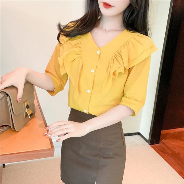 

women's blouses & shirts 2021 summer fashion button v-neck ruffle shirt solid color top, White