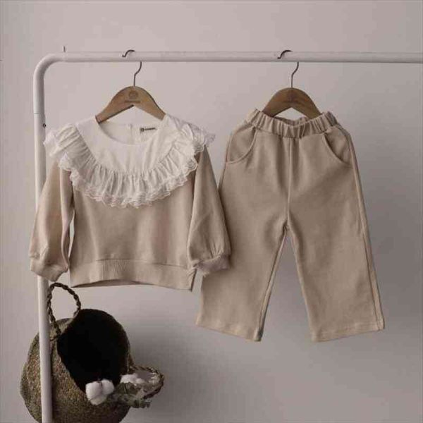 

children clothing spring baby girls lace ruffle collar cotton casual sweatshirt set kids pants outfits suit, White