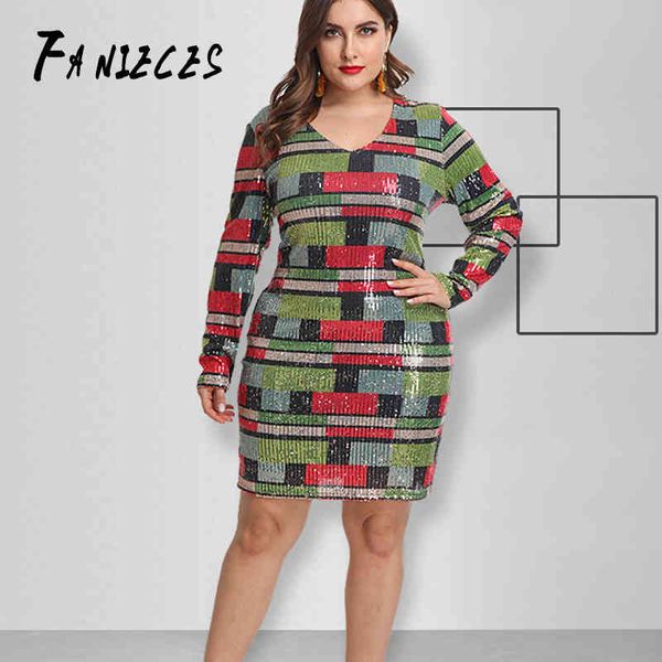 Mulheres Casual Sexy Geométrica Sequin Vestido Feminino Manga Longa Vestidos Lápis Senhora Grande Plus Size Elegante Drop 210520