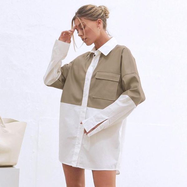 

women's blouses & shirts restve patchwork blouse women long sleeve shirt pocket loose pu leather and 2021 fashion female casual chic e, White