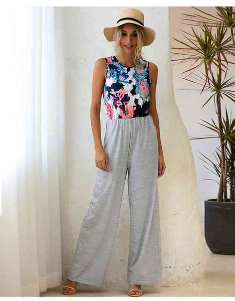 

jumpsuits for office women summer printed patchwork sleeveless pocket long jumpsuit back hollow out elegant women playsuit, White