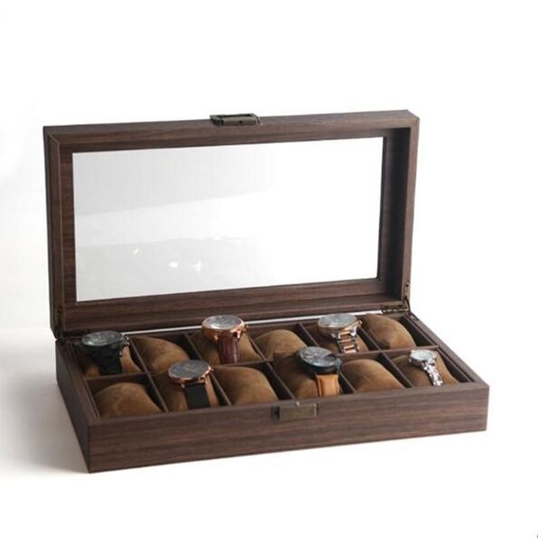 

watch boxes & cases 12 grids wooden box brown inner jewelry storage with retro concealed button for men window display, Black;blue