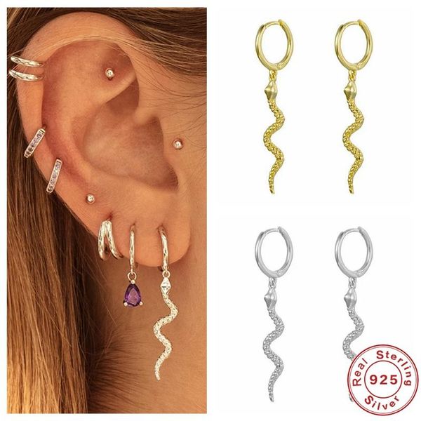 

hoop & huggie aide fashion 925 sterling silver small circle black zircon snake earrings punk style for women fine jewelry pendientes gift, Golden;silver