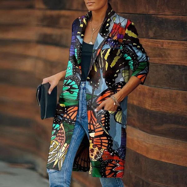 

women's wool & blends european and american 2021 autumn winter lady casual lapel butterfly beauty print long coat jacket outerwear, Black