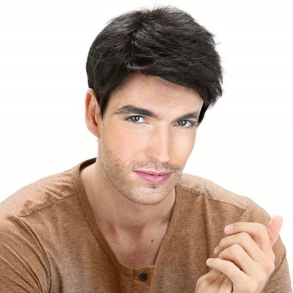 

oblique overseas wig men's bangs black short straight head cover 7445