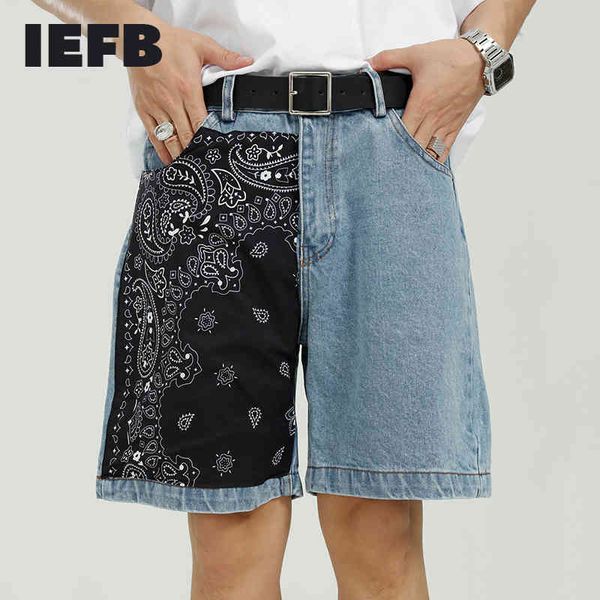 

iefb summer men's jeans shorts korean loose print patchwork design trend casual denim knee length pants streetwear 210524, White;black
