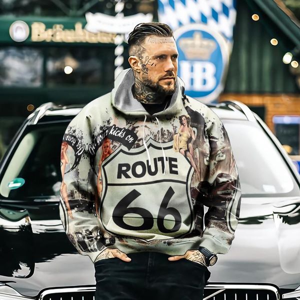 

men's hoodies & sweatshirts original hoodie oversized loose sportswear fashion streetwear us route 66 letter print autumn, Black