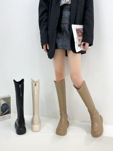 

boots women's autumn shoes round toe thigh high heels boots-women rubber low ladies over-the-knee white 2021 mid, Black