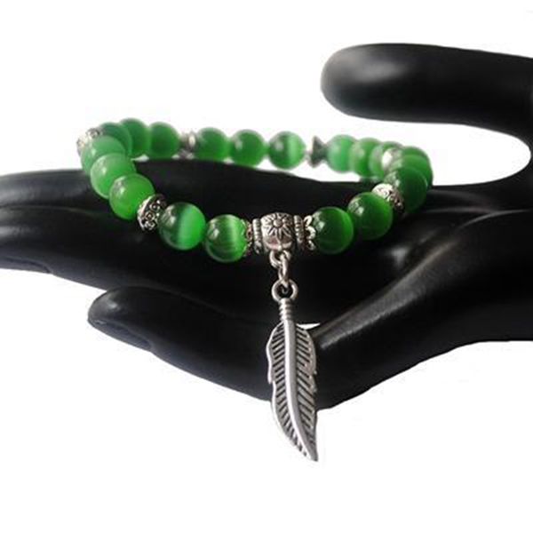 

cat eye opal 8mm beads bracelets crystal fashion women bangle vintage silver plated tree leaves charm bracelet beaded, strands, Black