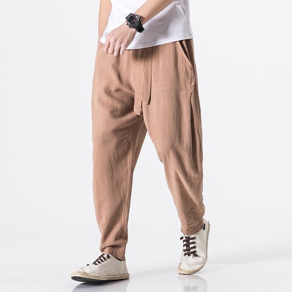 Erkekler Rahat Harem Pantolon Gevşek Pamuk Keten Pantolon Japon Tarzı Sweatpants Moda Baggy Pantolon Joggers