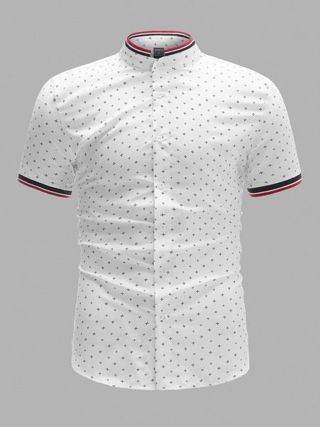 

men allover print striped trim button through shirt 02ay#, White;black