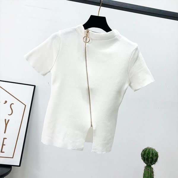 

women's t-shirt women stylish irregular short sleeve zipper solid slim t shirt summer knitted spilt casual shirts 2021, White