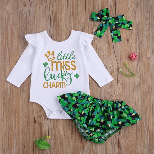 

clothing sets wenazao infant toddler baby girls letter print long sleeve romper and shorts headband three pieces outfit for birthday party, White