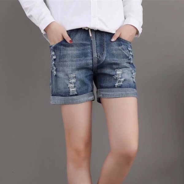 

women's jeans summer denim shorts woman elastic waist 2021 casual loose plus size ripped for women mom mujer, Blue