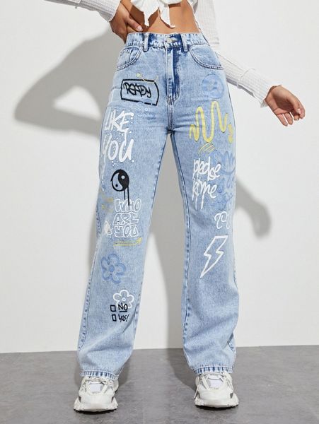 

slogan and yin & yang print jeans x3je#, Blue