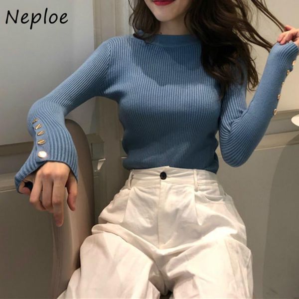 

women's sweaters neploe autumn winter korean slim fit sweater half-high collar chic button knitted pullovers solid color all-match wom, White;black