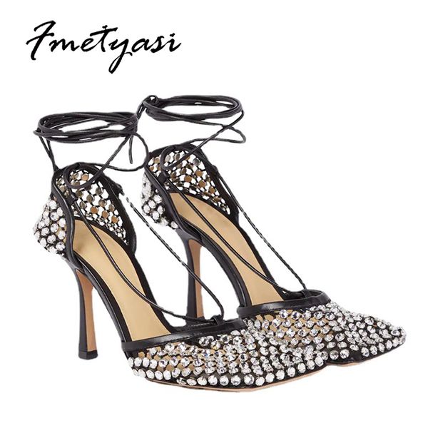 

2022 summer women sandal runway luxury crystal square toe ladies shoes on heel designer rhinestone mesh ankle strap slide, Black